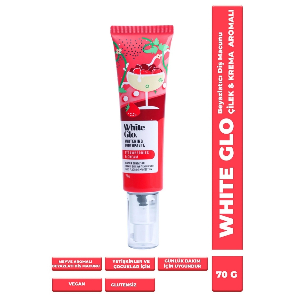 White Glo Çilek ve Krema Aromalı Glutensiz Vegan Beyazlatıcı Diş Macunu 70 g - White Glo