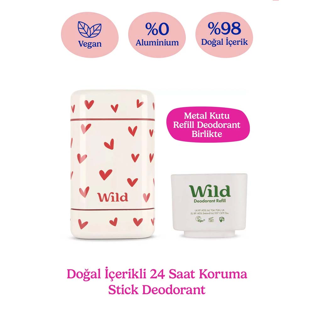 Wild %98 Natural Stick Deodorant Kutu + Refill Paketi - Love Heart Case + Pink Grapefruit & Lime 40 gr - Wild