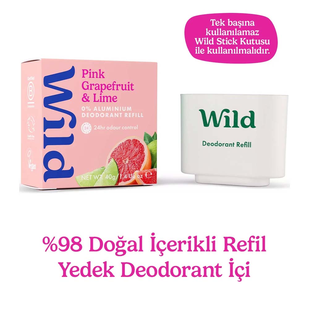 Wild Refill Yedek Stick Deodorant İçi %98 Doğal Formül - Pink Grapefruit & Lime 40 gr - Wild